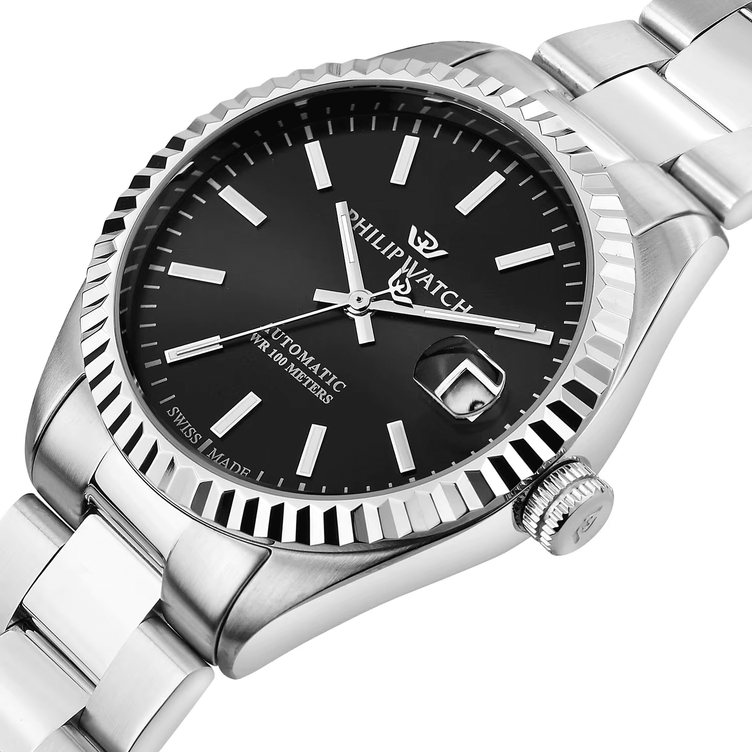 Orologio automatico con quadrante nero e bracciale in acciaio, cassa 39 mm