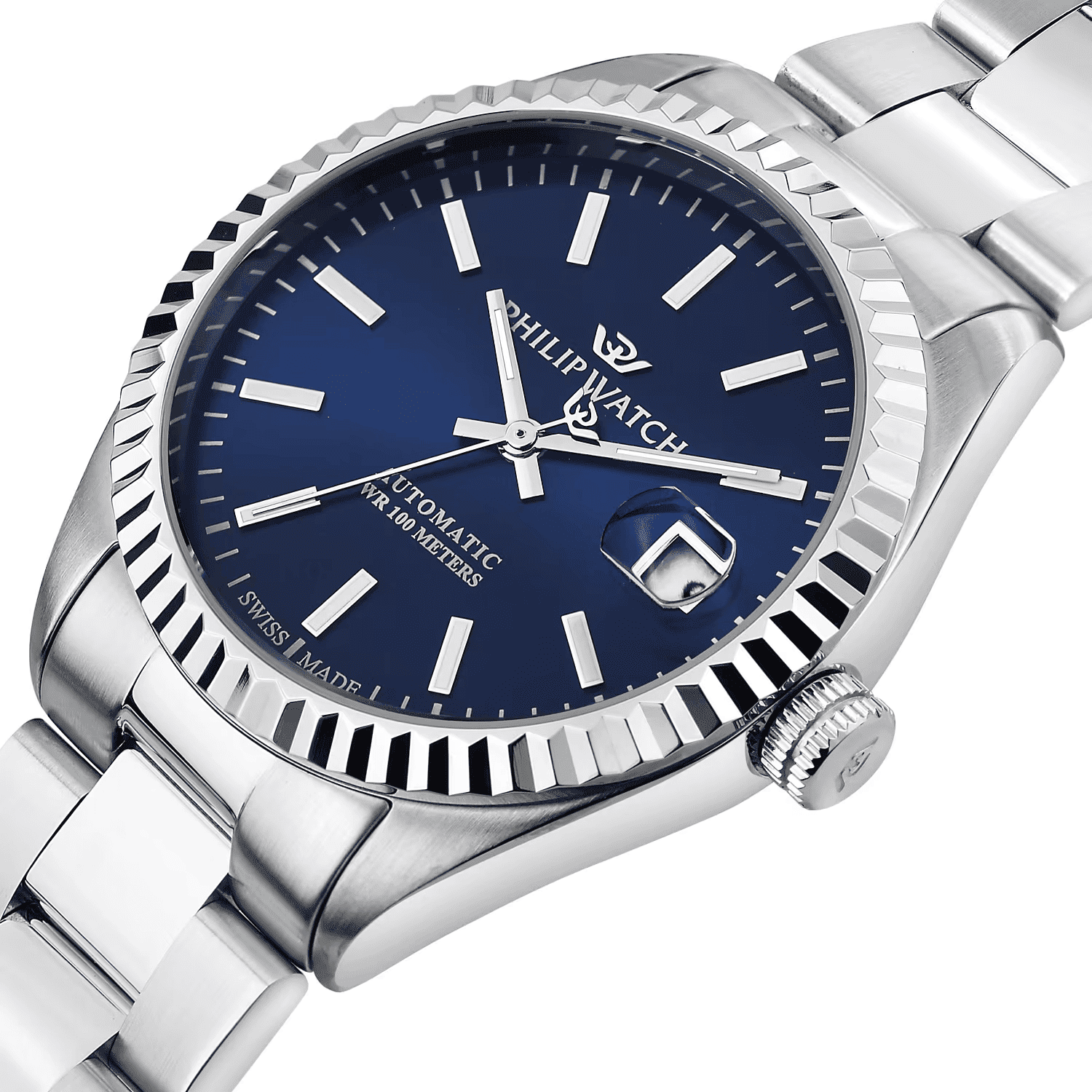 Orologio Philip Watch automatico con quadrante blu e lunetta zigrinata in acciaio