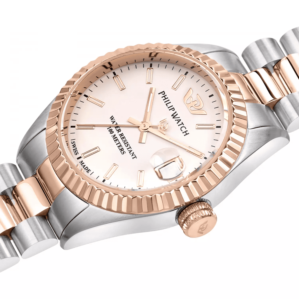 Orologio donna acciaio e oro rosa, quadrante bianco con indici e logo.