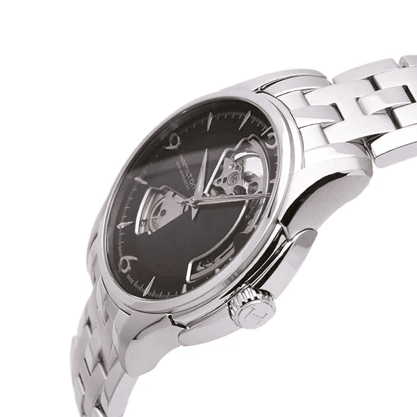 Orologio automatico con quadrante nero scheletrato, cassa rotonda in acciaio e corona