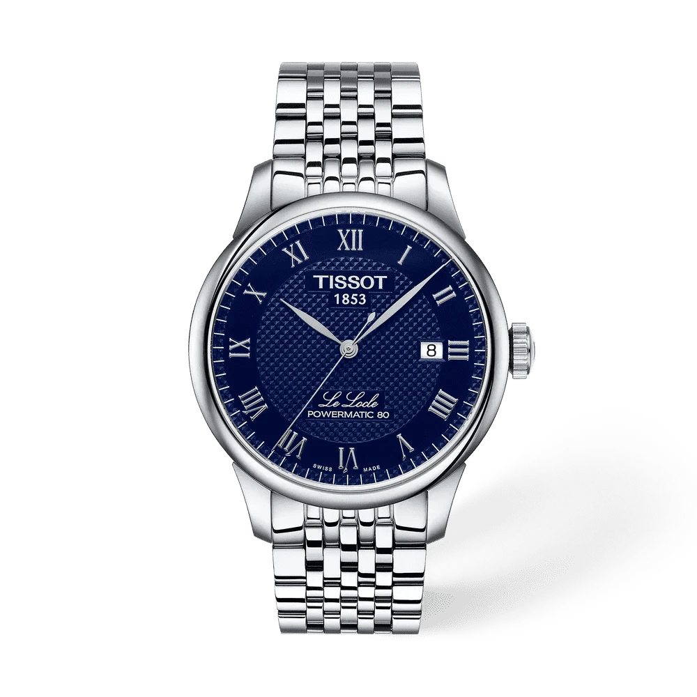 Orologio Tissot Le Locle con quadrante blu, indici romani e bracciale d’acciaio