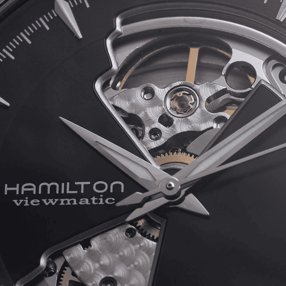 Orologio Hamilton con quadrante nero e cuore aperto: movimento meccanico in vista