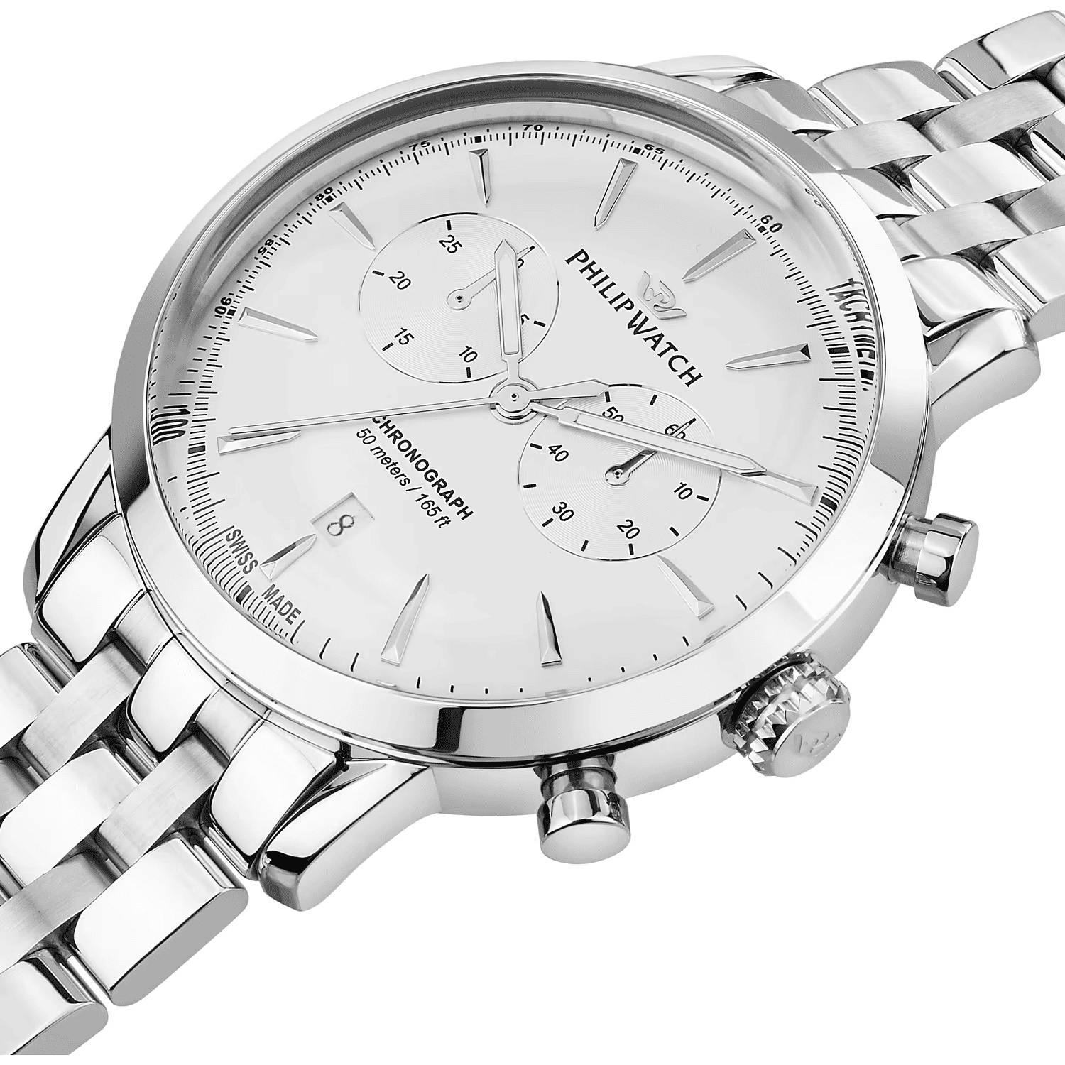Orologio cronografo con quadrante bianco, indici e contatori