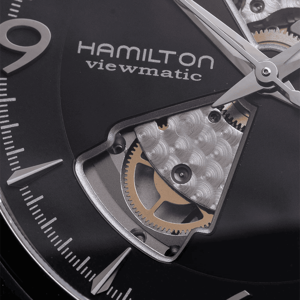 Orologio Hamilton Viewmatic con quadrante nero e cuore aperto, ingranaggi del movimento visibili