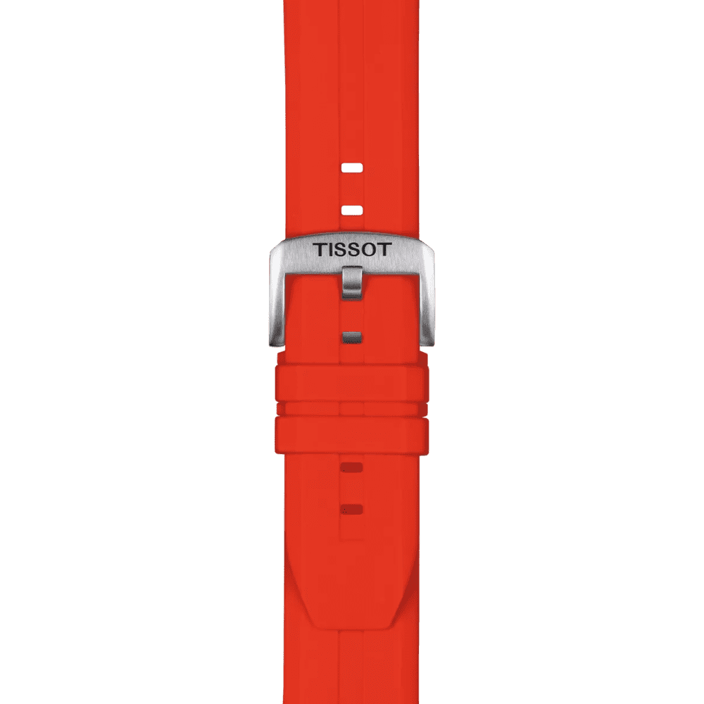 Orologio Tissot vista dal lato del cinturino rosso in caucciù con fibbia