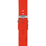 Orologio Tissot vista dal lato del cinturino rosso in caucciù con fibbia