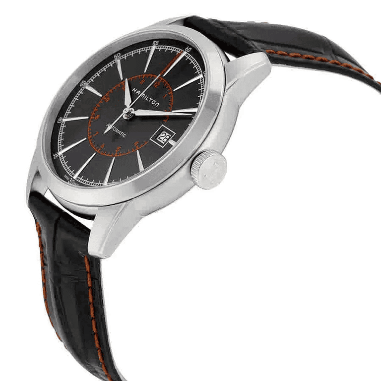 Orologio automatico con quadrante nero, cinturino in pelle nera e cassa in acciaio