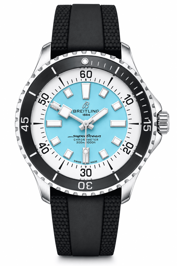 Breitling Superocean Automatic 44 Uomo Acciaio Quadrante Turchese Lunetta Ceramica Vetro Zaffiro Cronometro Calibro 17 Caucciù Nero 300 m Swiss Made Ref. A17376211L2S1