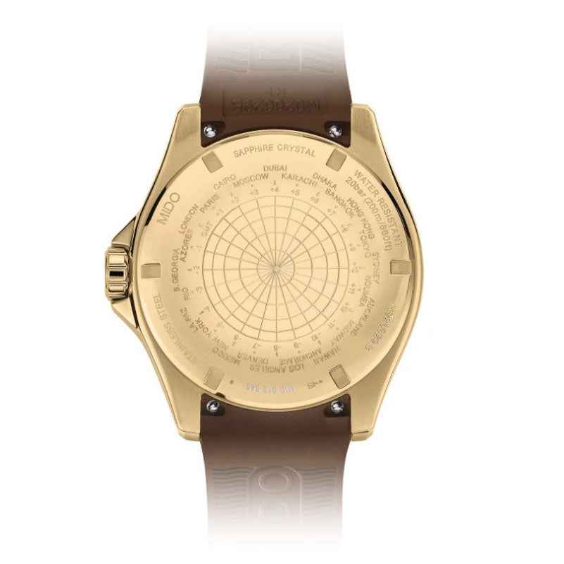 Orologio Mido Ocean Star GMT fondello dorato con incisioni e cinturino in gomma marrone