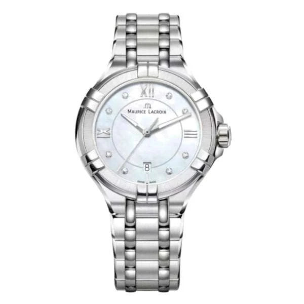 Maurice Lacroix AIKON Ladies Date Donna 30 mm Acciaio Quadrante Madreperla 8 Diamanti Vetro Zaffiro Quarzo Swiss Made Bracciale Acciaio Data 10 ATM Ref. AI1004-SS002-170-1 Oasi Watch