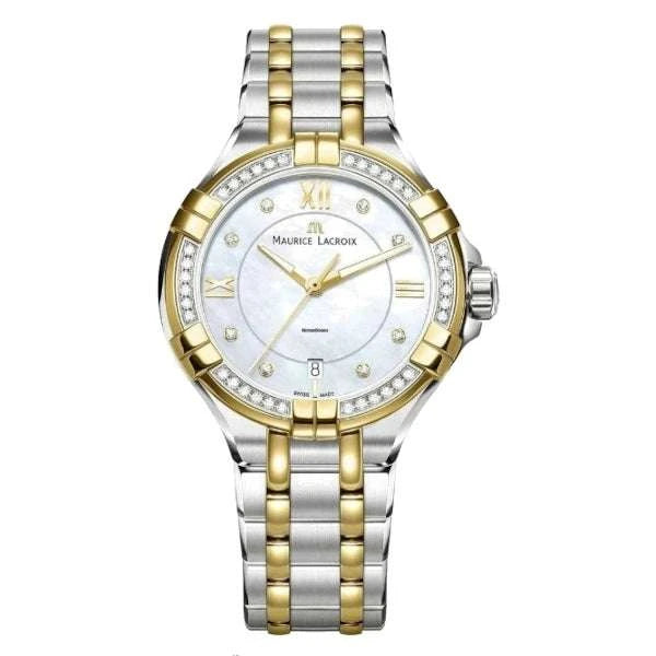 Maurice Lacroix AIKON Ladies Date Donna 35 mm Acciaio Bicolore Oro Giallo Quadrante Madreperla Diamanti Vetro Zaffiro Quarzo Swiss Made Bracciale Acciaio 10 ATM Ref. AI1006-DY503-171-1 Oasi Watch