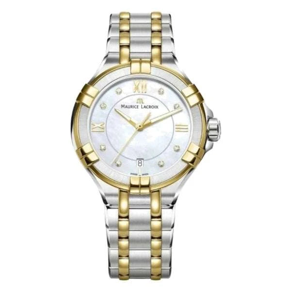 Maurice Lacroix AIKON Ladies Date Donna 35 mm Acciaio PVD Oro Giallo Quadrante Madreperla 8 Diamanti Vetro Zaffiro Quarzo Swiss Made Bracciale Bicolore Data 10 ATM Ref. AI1006-PVY13-171-1 Oasi Watch