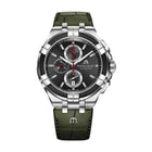 Maurice Lacroix AIKON Chronograph Uomo 44 mm Acciaio Lunetta PVD Nera Quadrante Nero Quarzo Swiss Made Ronda 3540.D Vetro Zaffiro Cinturino Pelle Verde Cronografo Data 10 ATM Ref. AI1018-PVB21-330-1