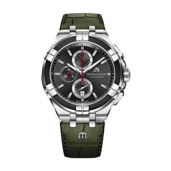 Maurice Lacroix AIKON Chronograph Uomo 44 mm Acciaio Lunetta PVD Nera Quadrante Nero Quarzo Swiss Made Ronda 3540.D Vetro Zaffiro Cinturino Pelle Verde Cronografo Data 10 ATM Ref. AI1018-PVB21-330-1 Oasi Watch