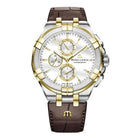 Maurice Lacroix AIKON Chronograph Uomo 44 mm Acciaio PVD Bicolore Nero e Oro Giallo Quadrante Argento Quarzo Swiss Made Vetro Zaffiro Cinturino Pelle Marrone Cronografo Data 10 ATM Ref. AI1018-PVY11-132-1
