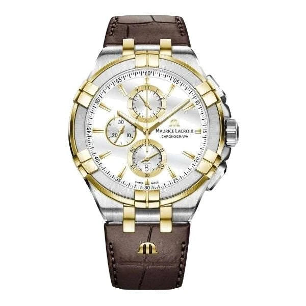 Maurice Lacroix AIKON Chronograph Uomo 44 mm Acciaio PVD Bicolore Nero e Oro Giallo Quadrante Argento Quarzo Swiss Made Vetro Zaffiro Cinturino Pelle Marrone Cronografo Data 10 ATM Ref. AI1018-PVY11-132-1 Oasi Watch
