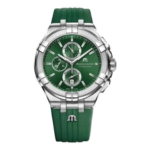 Maurice Lacroix AIKON Chronograph Uomo 44 mm Acciaio Quadrante Verde Soleil Quarzo Swiss Made Calibro 3540.D Vetro Zaffiro Cinturino Gomma Verde Cronografo Data 10 ATM Ref. AI1018-SS000-630-5 Oasi Watch