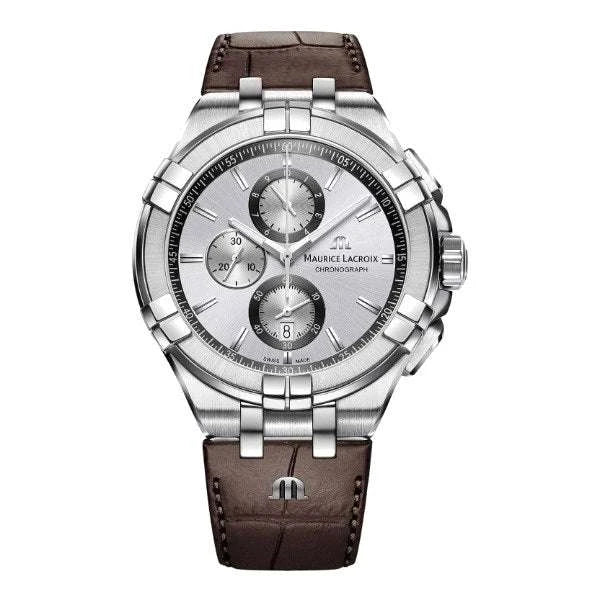 Maurice Lacroix AIKON Chronograph Uomo 44 mm Acciaio Quadrante Argento Soleil Quarzo Swiss Made Vetro Zaffiro Cinturino Pelle Marrone Effetto Alligatore Cronografo Data 10 ATM Ref. AI1018-SS001-130-1 Oasi Watch