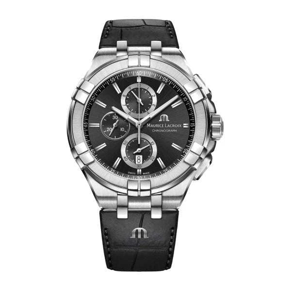 Maurice Lacroix AIKON Chronograph Uomo 44 mm Acciaio Quadrante Nero Soleil Quarzo Swiss Made Vetro Zaffiro Cinturino Gomma Nero Cronografo Data Piccoli Secondi 10 ATM Ref. AI1018-SS001-330-2 Oasi Watch