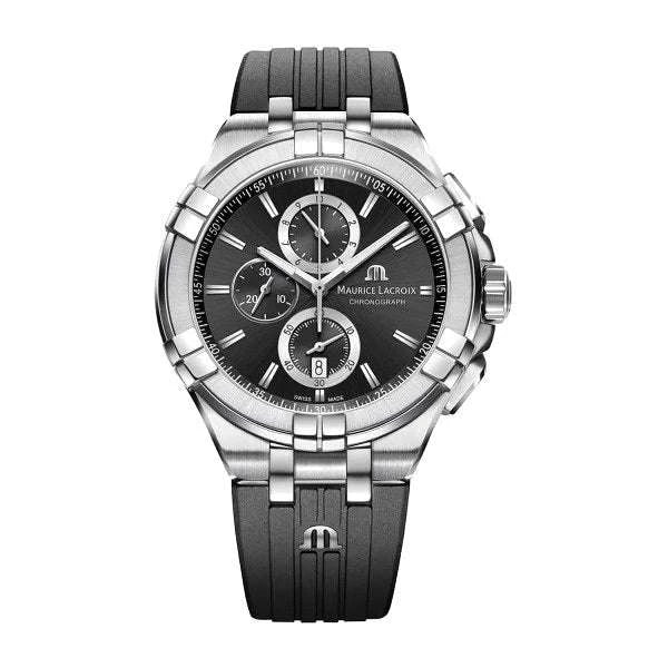 Maurice Lacroix AIKON Chronograph Uomo 44 mm Acciaio Quadrante Nero Soleil Quarzo Swiss Made Vetro Zaffiro Cinturino Gomma Nero Cronografo Data Piccoli Secondi 10 ATM Ref. AI1018-SS001-330-2 Oasi Watch