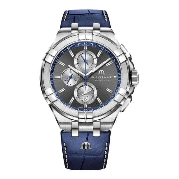 Maurice Lacroix AIKON Chronograph Uomo 44 mm Acciaio Quadrante Antracite Soleil Quarzo Swiss Made Ronda 3540.D Vetro Zaffiro Cinturino Pelle Blu Cronografo Data 10 ATM Ref. AI1018-SS001-333-1 Oasi Watch