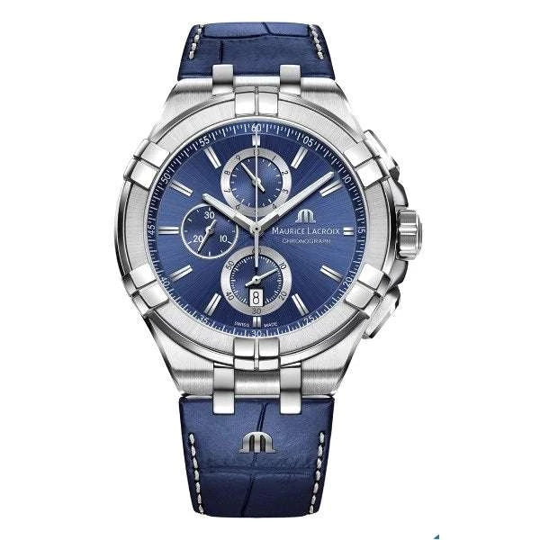 Maurice Lacroix AIKON Chronograph Uomo 44 mm Acciaio Quadrante Blu Soleil Quarzo Swiss Made Vetro Zaffiro Cinturino Pelle Blu Cronografo Data Piccoli Secondi 10 ATM Ref. AI1018-SS001-430-1 Oasi Watch