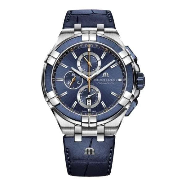 Maurice Lacroix AIKON Chronograph Uomo 44 mm Acciaio Lunetta Blu Quadrante Blu Soleil Contatori Argento Quarzo Swiss Made Vetro Zaffiro Cinturino Pelle Blu Cronografo Data 10 ATM Ref. AI1018-SS001-432-4 Oasi Watch