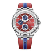 Orologio cronografo uomo con cassa acciaio e quadrante rosso, cinturino rosso blu.