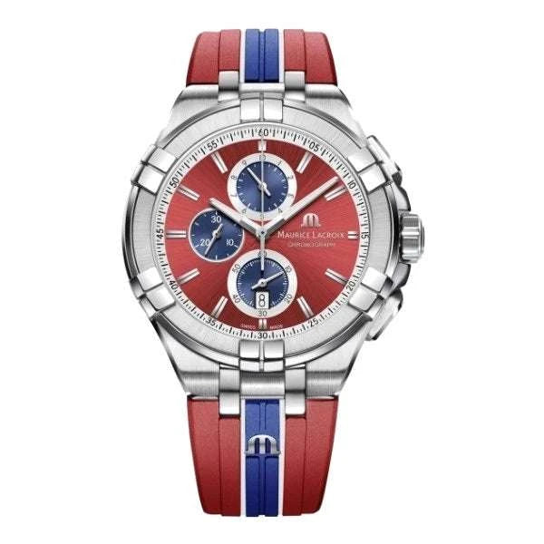 Maurice Lacroix AIKON Chronograph Vikings Limited Edition Uomo 44 mm Acciaio Quadrante Rosso Soleil Quarzo Ronda 3540.D Vetro Zaffiro Cinturino Caucciù Rosso Blu Bianco Cronografo Data 10 ATM Swiss Made 250 Esemplari Ref. AI1018-SS001-530-6 Oasi Watch