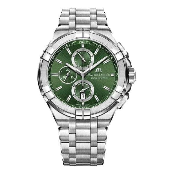 Maurice Lacroix AIKON Chronograph Uomo 44 mm Acciaio Quadrante Verde Soleil Quarzo Swiss Made Vetro Zaffiro Bracciale Acciaio Cronografo Data Piccoli Secondi 10 ATM Ref. AI1018-SS002-630-1 Oasi Watch