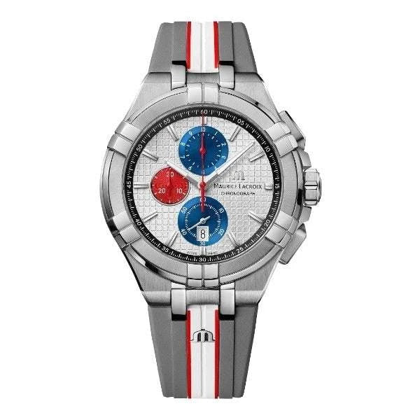 Maurice Lacroix AIKON Chronograph Special Edition Mahindra Racing Uomo 44 mm Titanio Quadrante Bianco Soleil Blu e Rosso Quarzo Ronda 3540.D Vetro Zaffiro Cinturino Gomma Grigio Cronografo Data 10 ATM Swiss Made Ref. AI1018-TT031-130-2 Oasi Watch