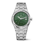 Orologio da polso in acciaio con quadrante verde, datario e bracciale a maglie