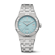 Orologio con quadrante azzurro e bracciale in acciaio, datario