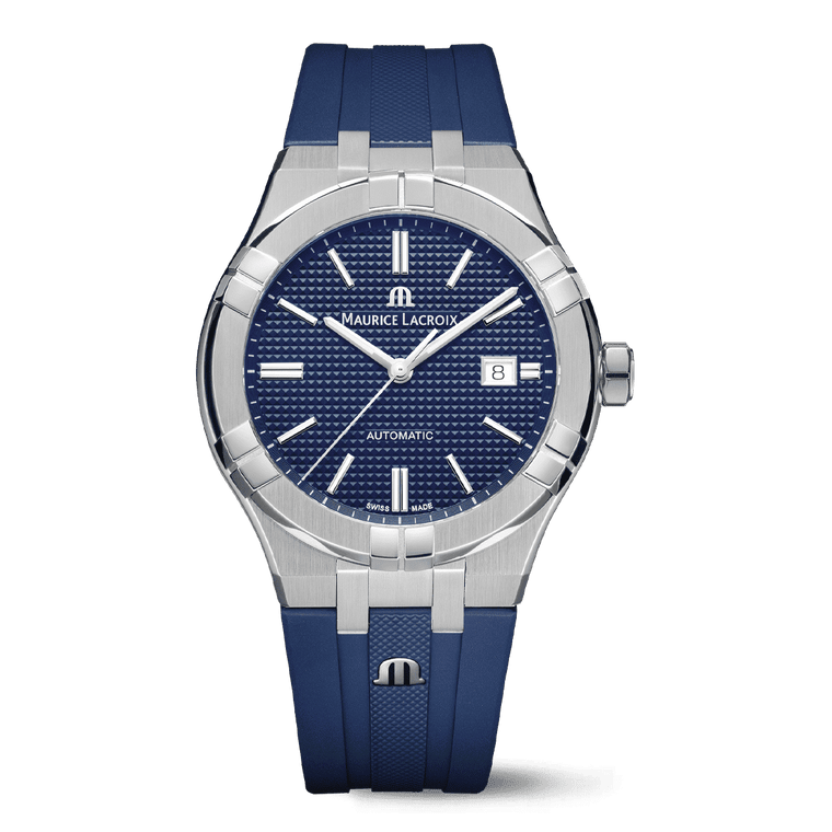 Maurice Lacroix AIKON Automatic Date Uomo 42mm Acciaio Quadrante Blu Clous de Paris Automatico ML115 Vetro Zaffiro Cinturino Caucciù Blu Data 20 ATM Swiss Made Ref. AI6008-SS000-430-4