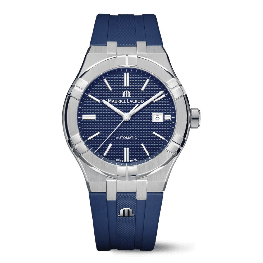 Maurice Lacroix AIKON Automatic Date Uomo 42mm Acciaio Quadrante Blu Clous de Paris Automatico ML115 Vetro Zaffiro Cinturino Caucciù Blu Data 20 ATM Swiss Made Ref. AI6008-SS000-430-4