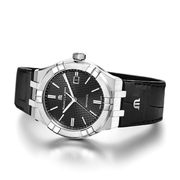Orologio automatico in acciaio, quadrante nero e cinturino pelle nero