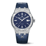 Orologio automatico acciaio, quadrante blu con datario e cinturino pelle blu