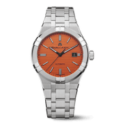 Orologio automatico con quadrante arancione e bracciale in acciaio