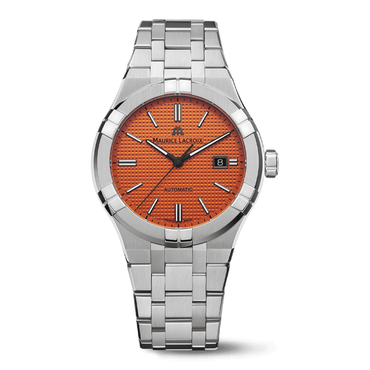 Maurice Lacroix AIKON Automatic Date Limited Edition Uomo 42mm Acciaio Quadrante Arancione Côtes de Genève Automatico Calibro ML115 Vetro Zaffiro Bracciale Acciaio + Gomma Arancione Data 200m Swiss Made 888 Esemplari Ref. AI6008-SS00F-530-1