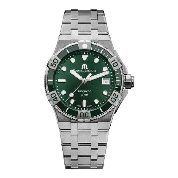 Maurice Lacroix AIKON Venturer Automatic Uomo 38 mm Acciaio Quadrante Verde Soleil Lunetta Ceramica Vetro Zaffiro Calibro ML115 Automatico Bracciale Acciaio Data 30 ATM Ref. AI6057-SSL52-630-1 Oasi Watch