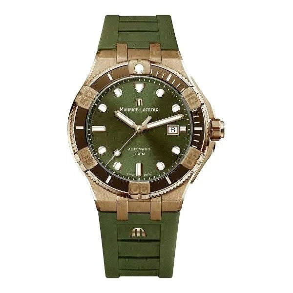 Maurice Lacroix AIKON Venturer Bronze Limited Edition Uomo 43 mm Bronzo Quadrante Verde Soleil Lunetta Ceramica Marrone Vetro Zaffiro Calibro ML115 Automatico Cinturino Gomma Verde + Pelle Marrone Data 30 ATM 500 Pezzi Ref. AI6058-BRZ01-630-1 Oasi Watch