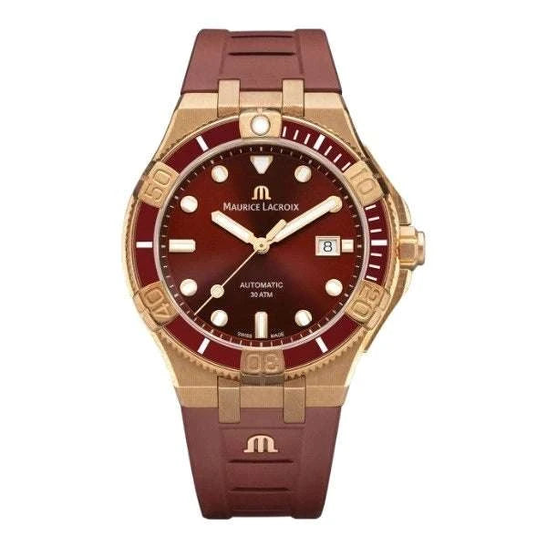 Maurice Lacroix AIKON Venturer Burgundy Asia Special Edition Uomo 43 mm Bronzo Quadrante Bordeaux Soleil Lunetta Ceramica Vetro Zaffiro Calibro ML115 Automatico Cinturini Pelle e Gomma Data 30 ATM 288 Pezzi Ref. AI6058-BRZ6B-530-6 Oasi Watch