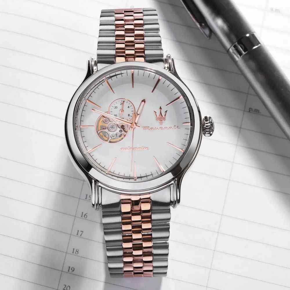 Orologio automatico da uomo bicolore in acciaio con quadrante scheletrato bianco