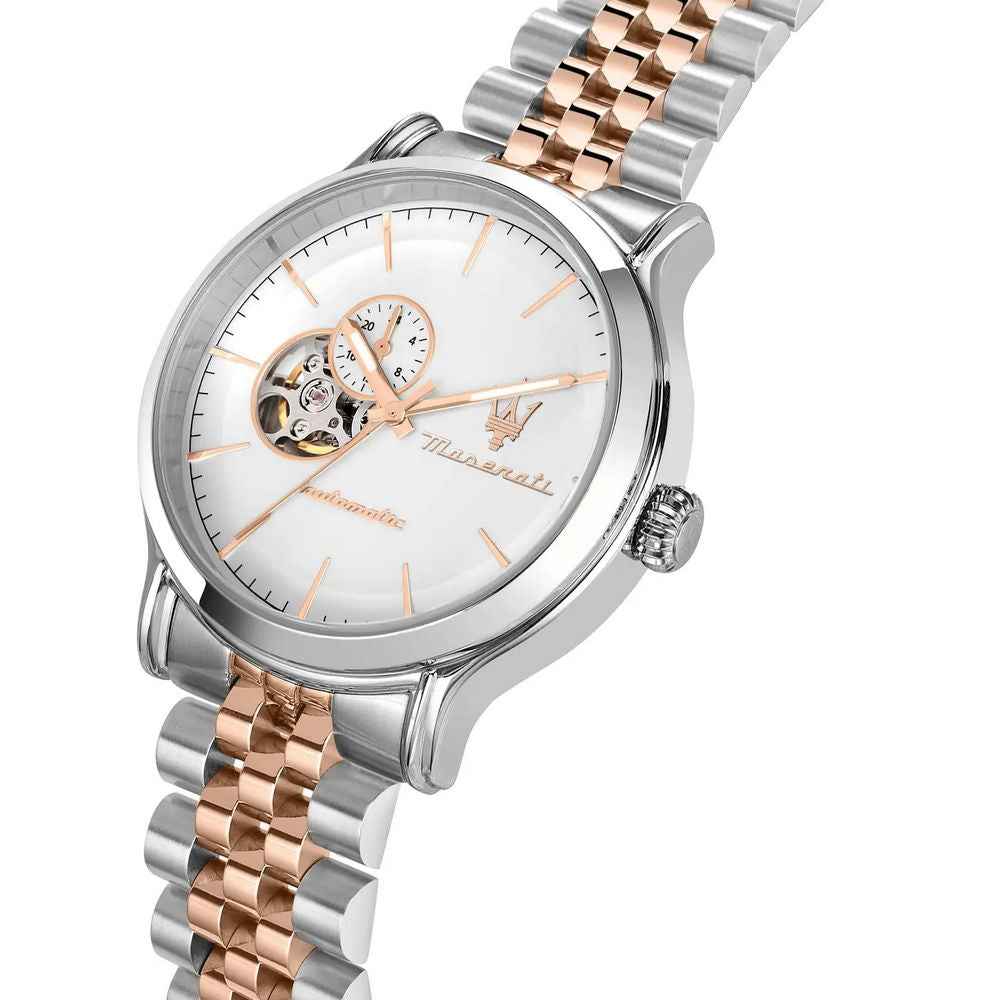 Orologio automatico da uomo con quadrante scheletrato bianco e bracciale bicolore
