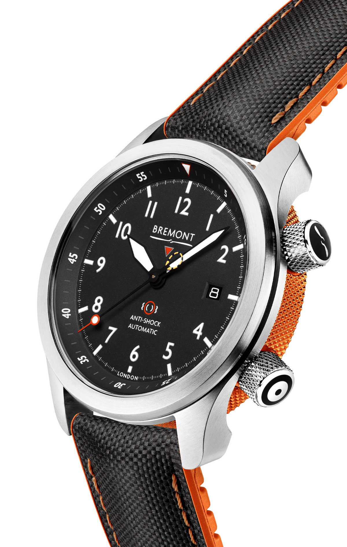 Orologio automatico con quadrante nero e cinturino nero arancione in tessuto.