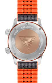 Orologio automatico con cassa in acciaio, fondello e cinturino arancione.