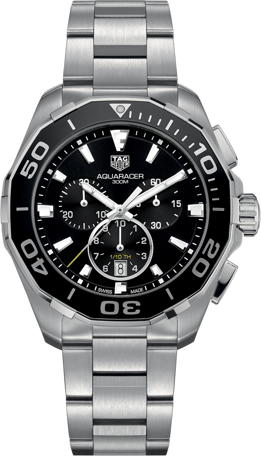 TAG Heuer Aquaracer Chronograph Uomo 43 mm Acciaio Quadrante Nero Soleil Lunetta Girevole con Inserto in Alluminio Nero Vetro Zaffiro Cronografo al Quarzo Data Bracciale Acciaio 30 ATM Swiss Made Ref. CAY111A.BA0927