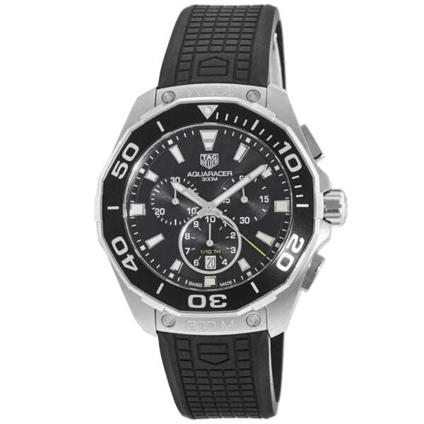 Orologio TAG Heuer Aquaracer 300M con quadrante nero, cronografo, cinturino in caucciù