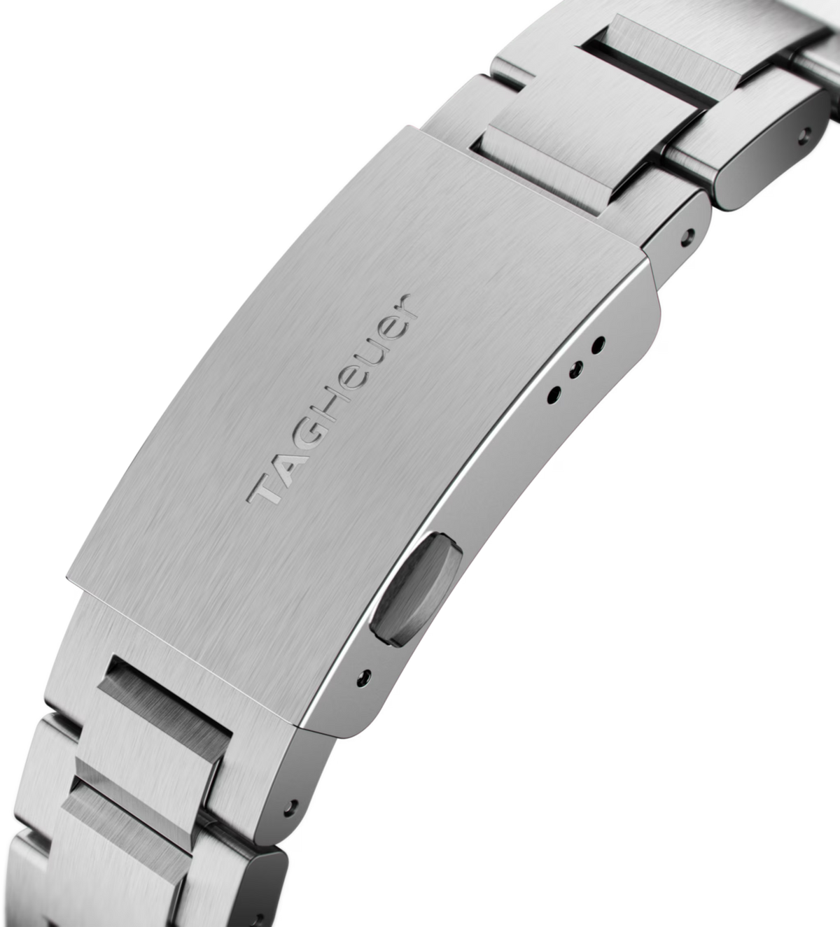 Chiusura e fibbia del bracciale in acciaio con scritta TAG Heuer