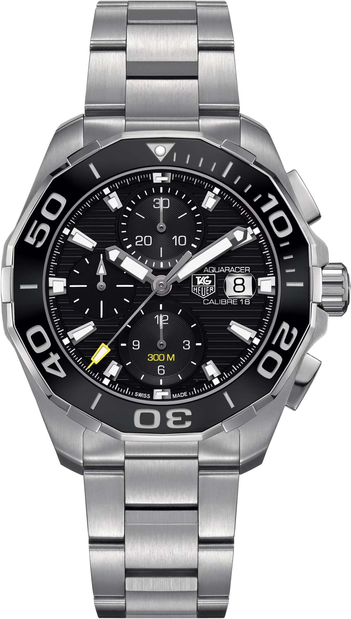 Orologio cronografo uomo in acciaio con quadrante nero e bracciale a maglie